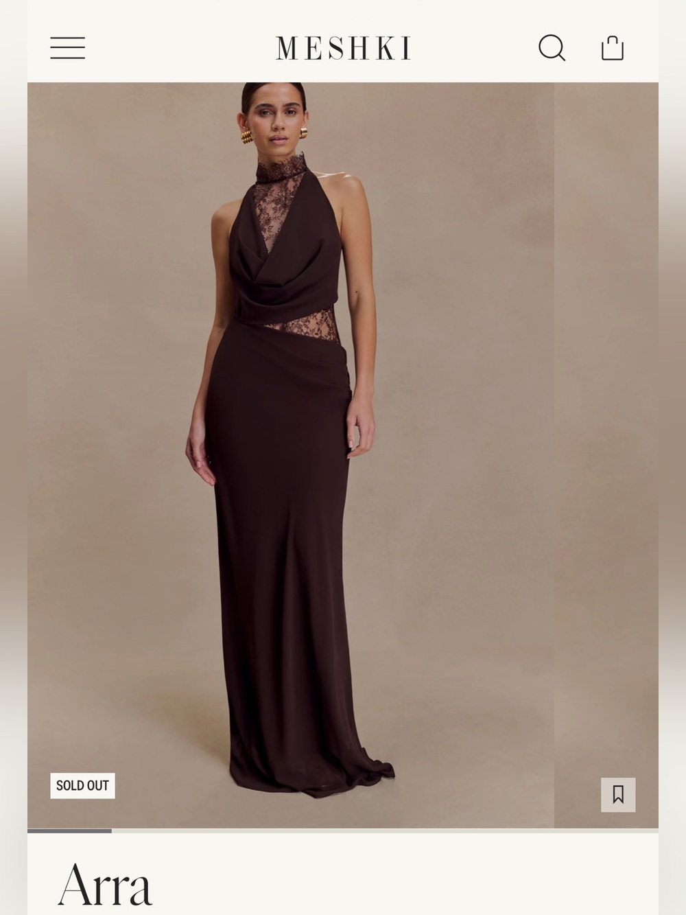 Meshki - Arra - Chiffon And Lace Halter Maxi Dress - Cacao Brown